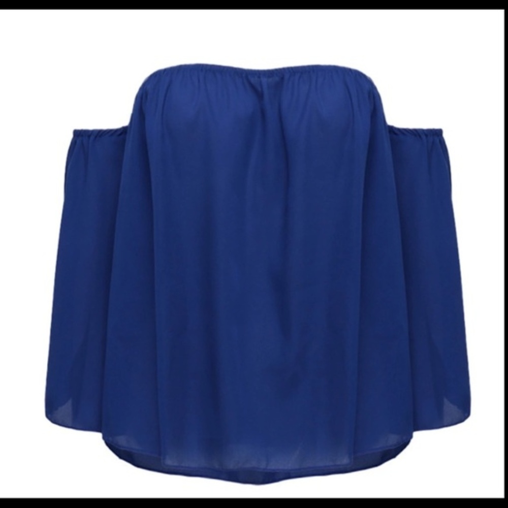 Off the Shoulder Chiffon Long Sleeve Blouse Blue - Picture 2 of 3